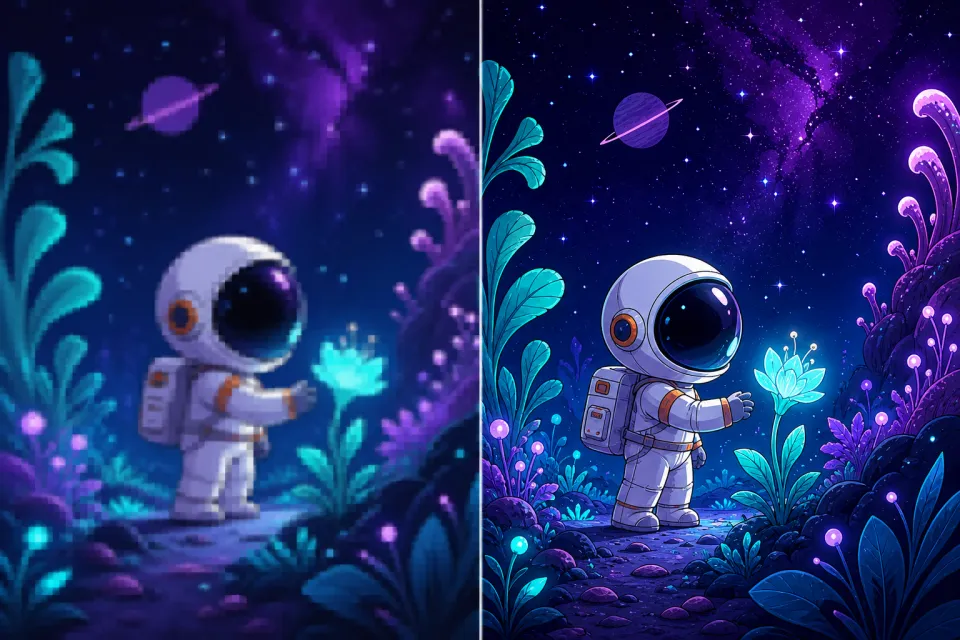 Before and after AI video upscaling example of an astronaut in a colorful animated alien garden