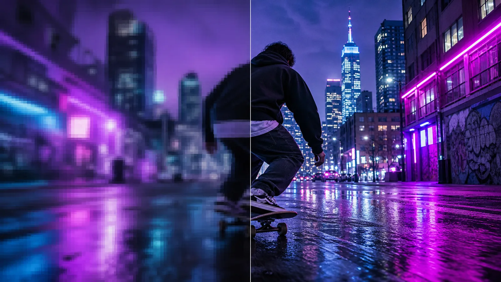 Before and after comparison of a low-resolution city skateboard video enhanced by Free Video Upscaler