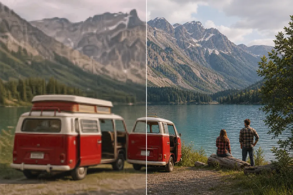 Before and after video upscaling example of a vintage camper beside a mountain lake